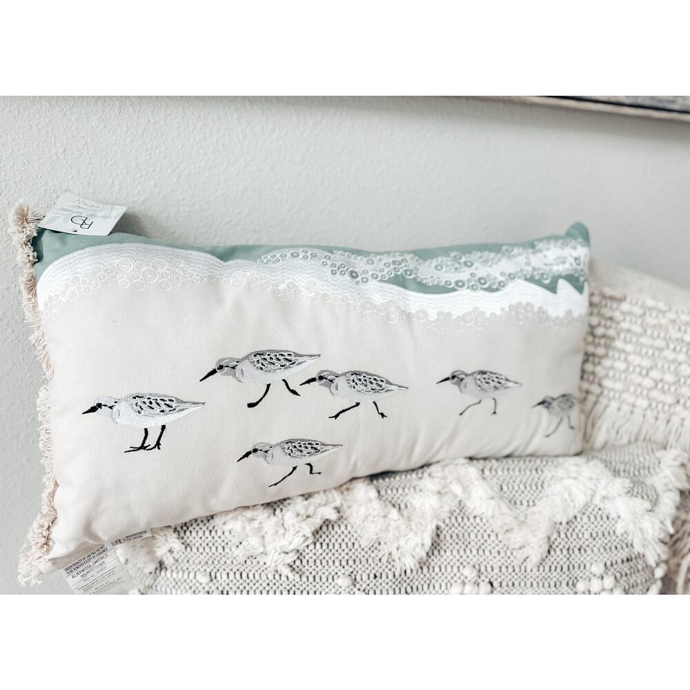 Whispers in the Foam Beach Sandpipers Embroidered Lumbar Pillow coastal decor - Picture 3 of 7